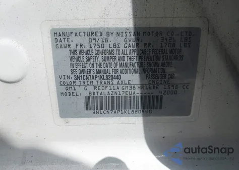 2019 Nissan Versa S/S Plus/Sv z USA, uszkodzony, nr VIN 3N1CN7AP1KL820440